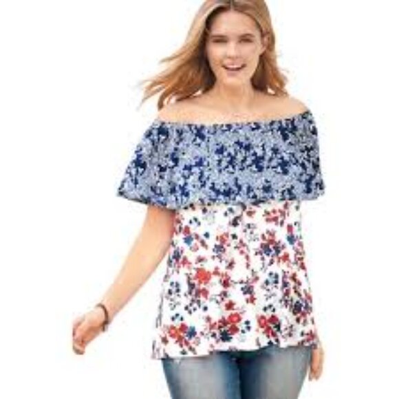 Woman Within Cotton Floral Ruffle Women's Top - Blue and Red size 18/20 Bohomian - Picture 1 of 5